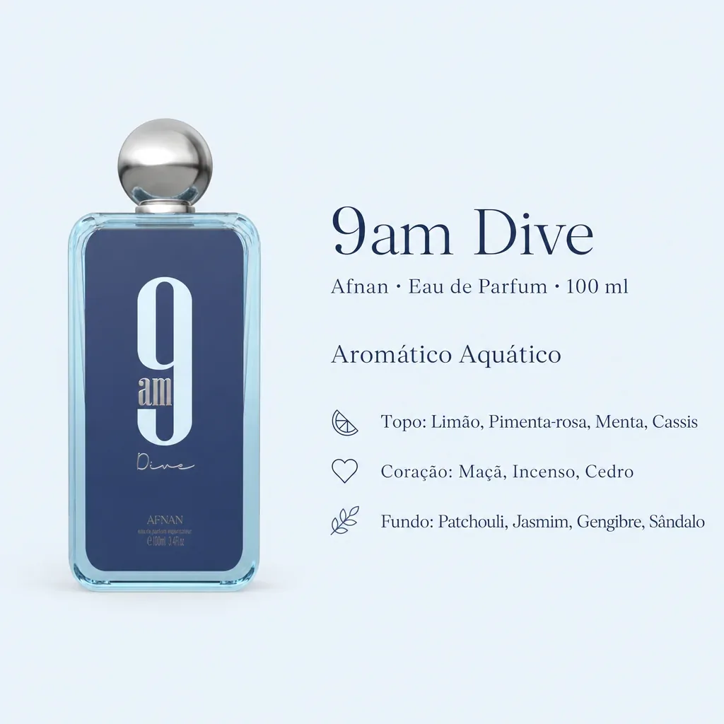 Infográfico com as notas e o perfil olfativo de Afnan 9am Dive
