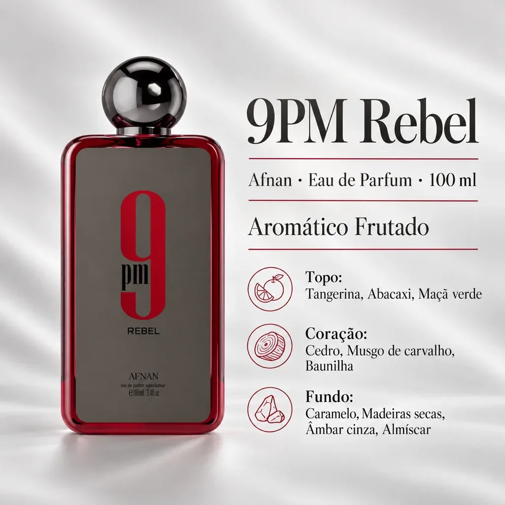 Infográfico com as notas e o perfil olfativo de Afnan 9 PM Rebel Eau de Parfum