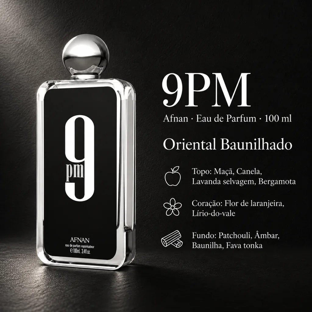 Infográfico com as notas e o perfil olfativo de Afnan 9PM Eau de Parfum