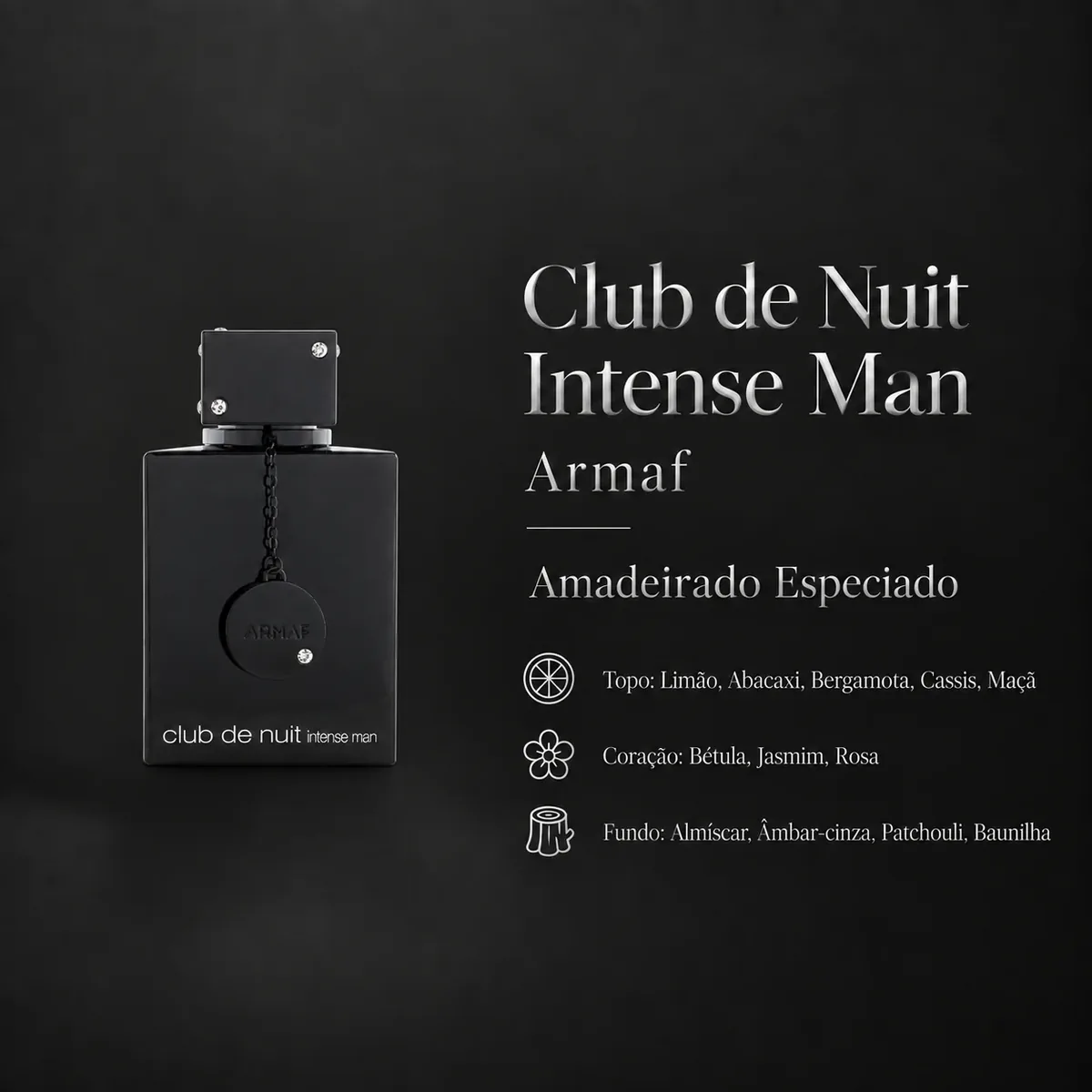 Infográfico com as notas e o perfil olfativo de Armaf Club de Nuit Intense Man