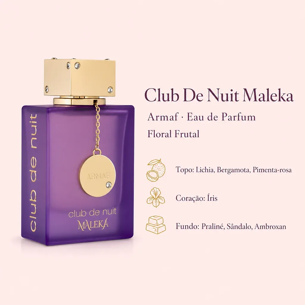 Infográfico com as notas e o perfil olfativo de Armaf Club De Nuit Maleka Eau de Parfum
