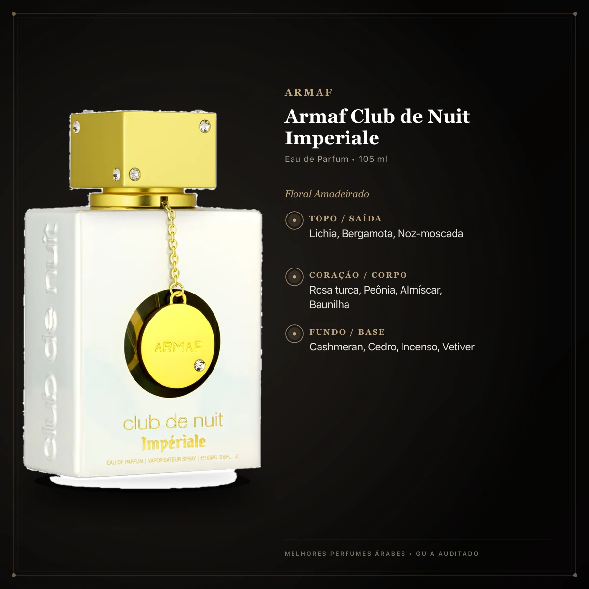 Infográfico com as notas e o perfil olfativo de Armaf Club de Nuit Imperiale Eau de Parfum