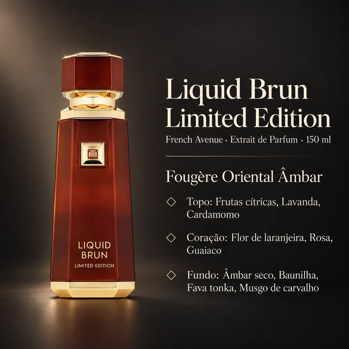 Infográfico com as notas e o perfil olfativo de French Avenue Liquid Brun Limited Edition Extrait de Parfum