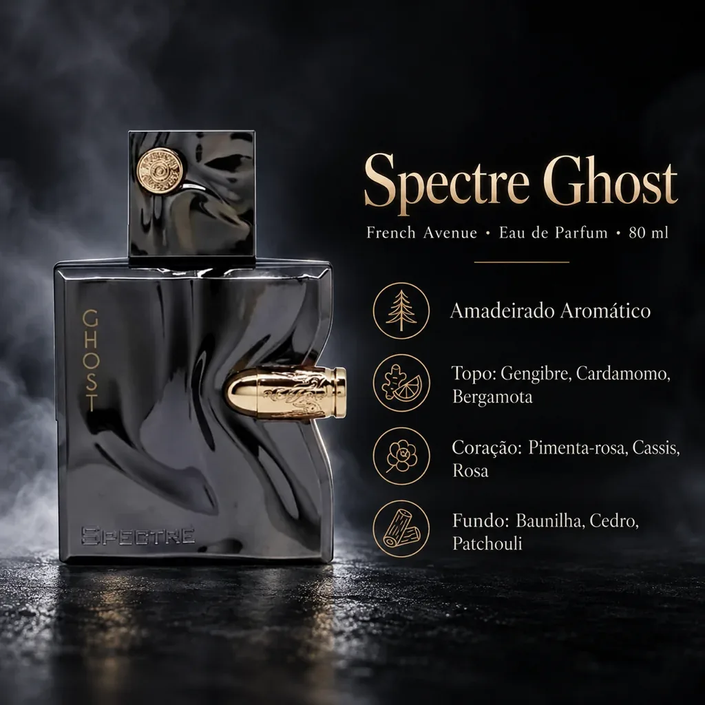Infográfico com as notas e o perfil olfativo de French Avenue Spectre Ghost