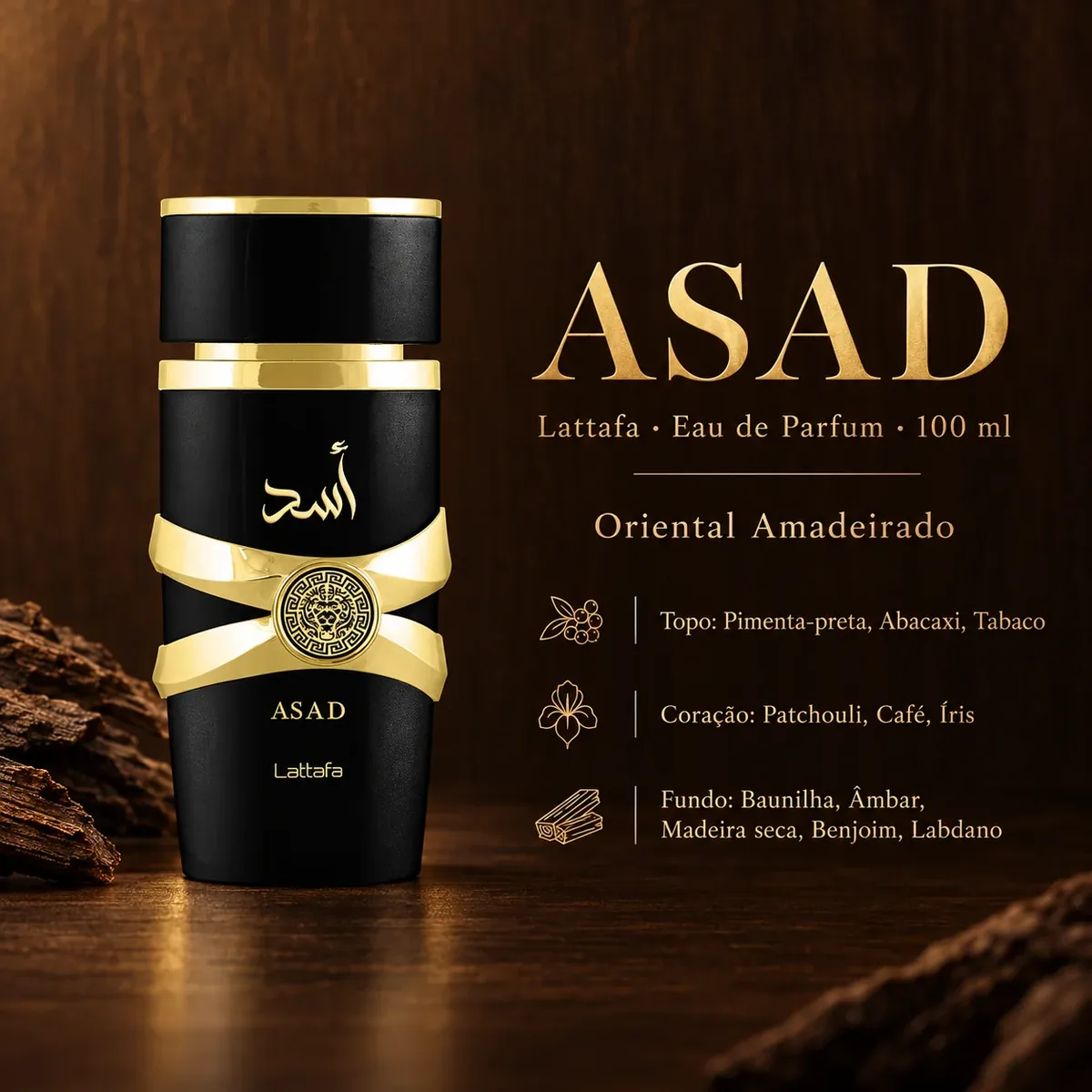 Infográfico com as notas e o perfil olfativo de Lattafa Asad Eau de Parfum