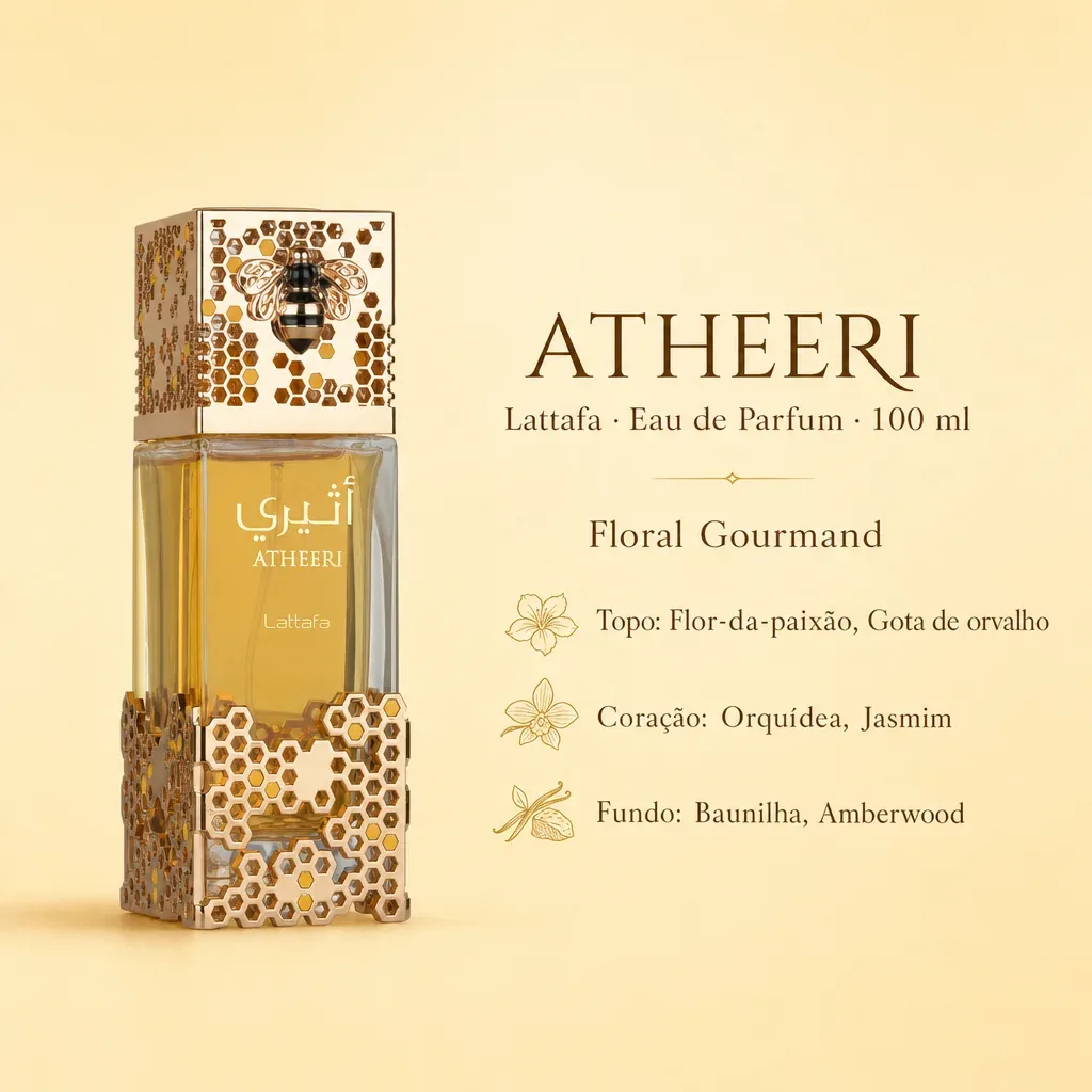 Infográfico com as notas e o perfil olfativo de Lattafa Atheeri Eau de Parfum