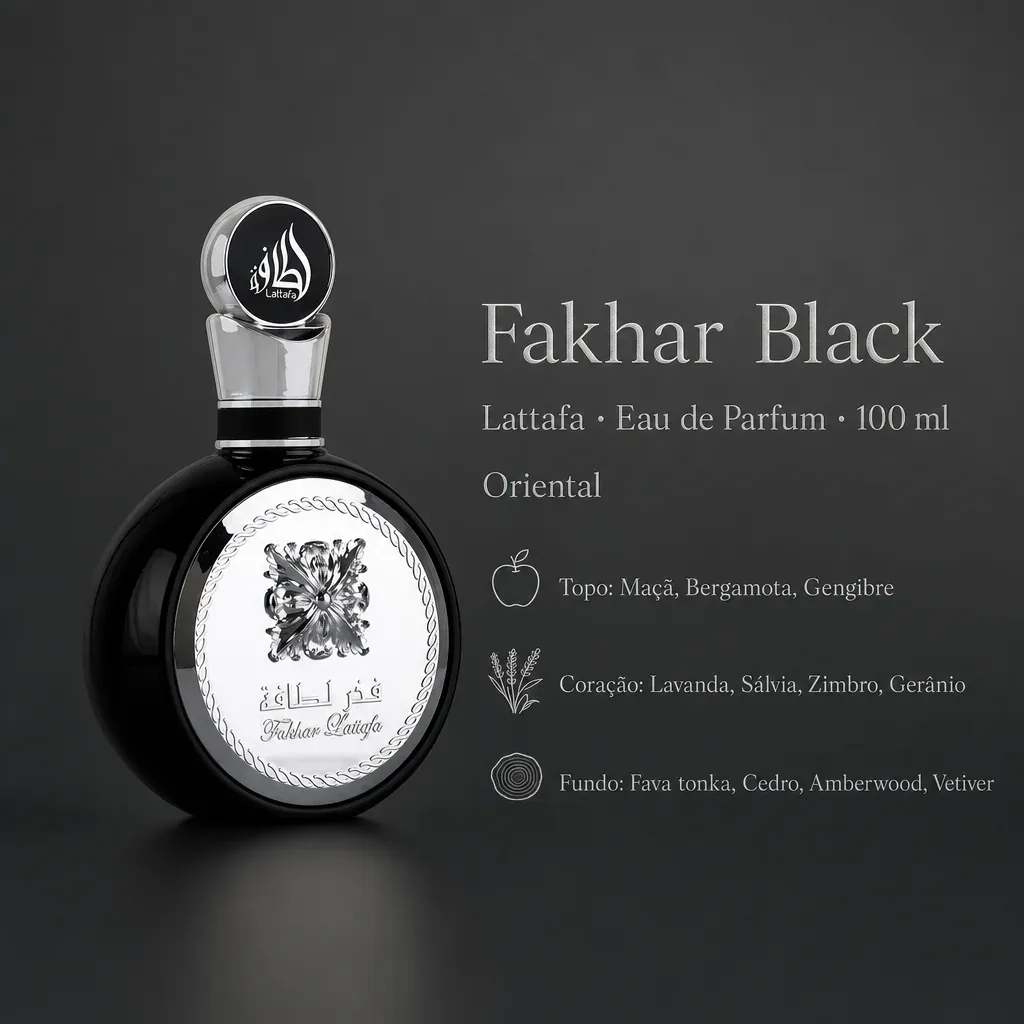 Infográfico com as notas e o perfil olfativo de Lattafa Fakhar Black