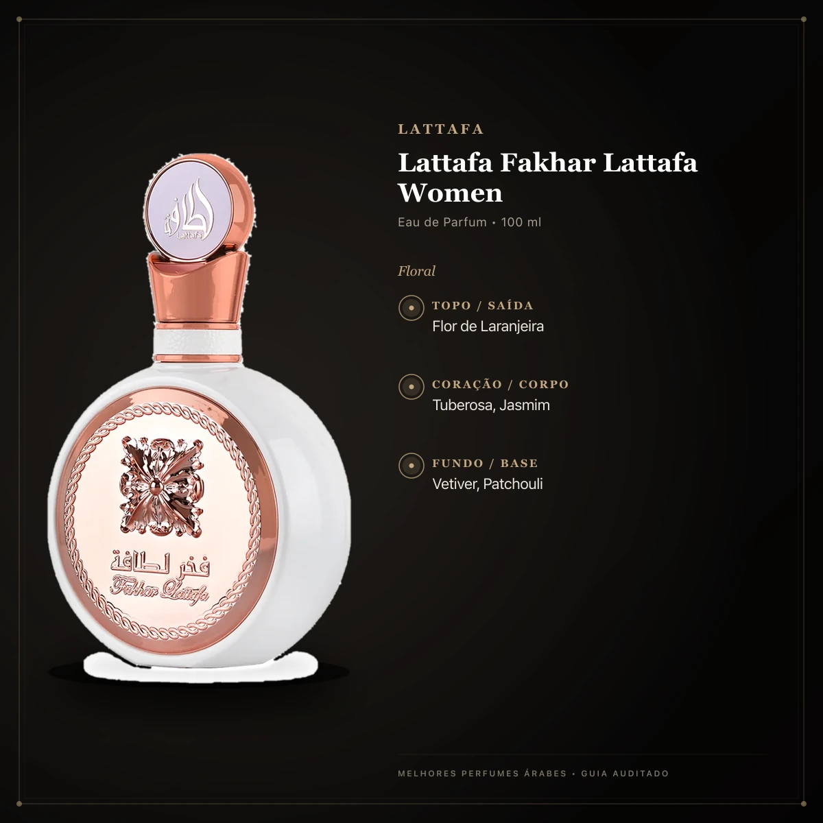 Infográfico com as notas e o perfil olfativo de Lattafa Fakhar Lattafa Women Eau de Parfum